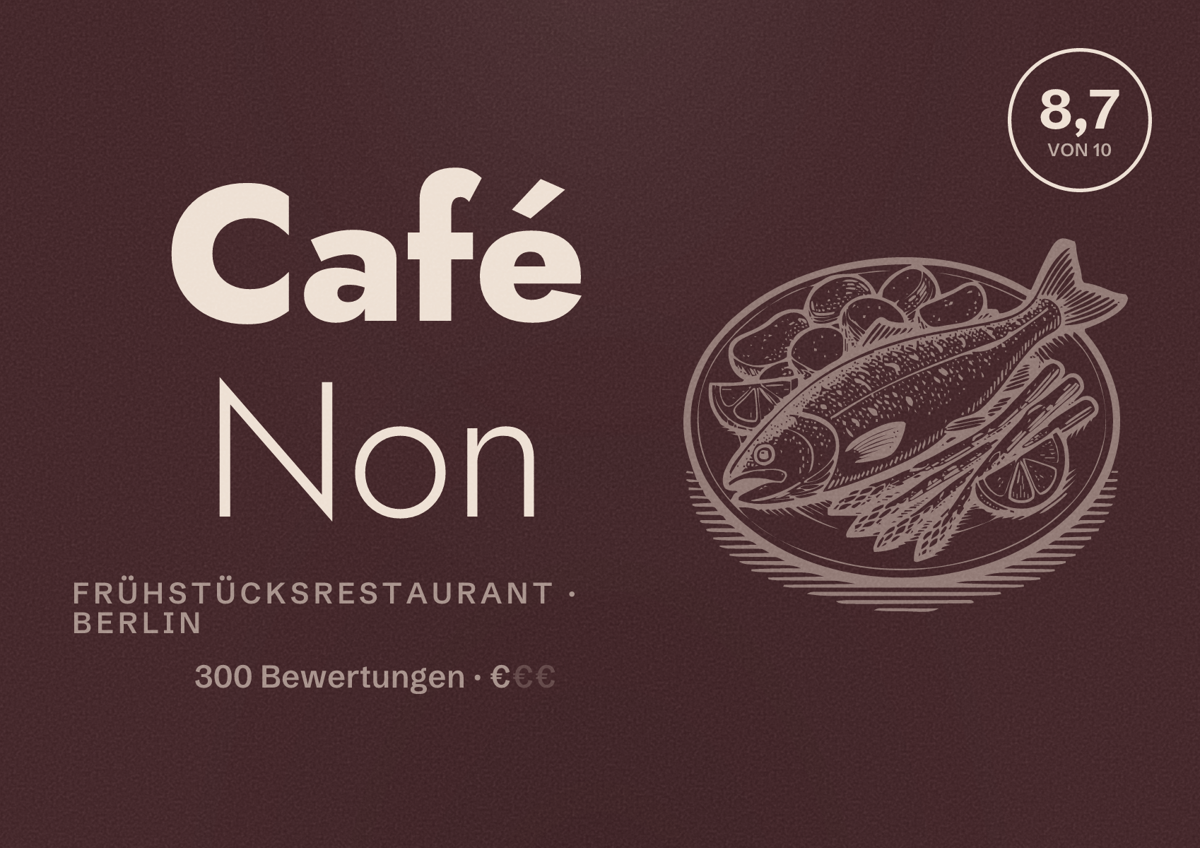 Illustriertes Poster von Café Non, Frühstücksrestaurant in Berlin: Bewertung 8,7 von 10 aus 300 Bewertungen, Preisniveau €