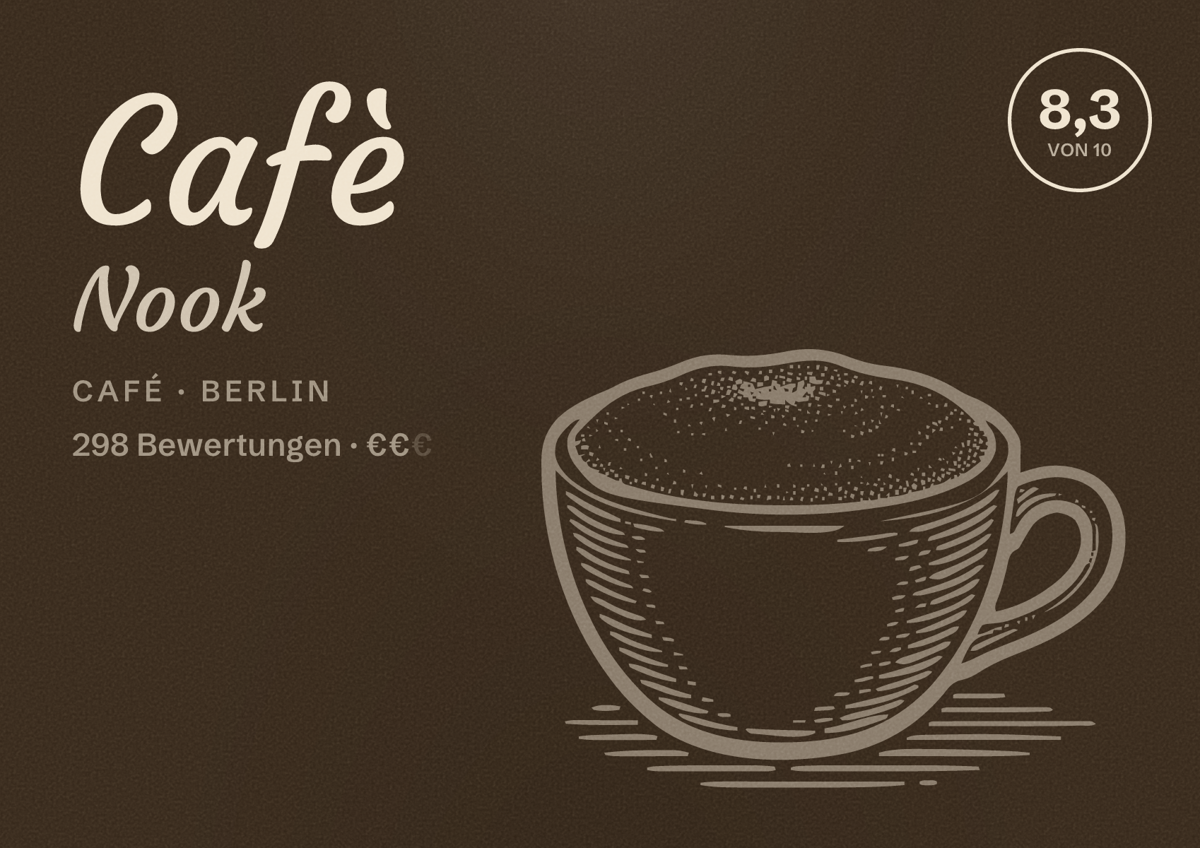 Illustriertes Poster von Cafè Nook, Café in Berlin: Bewertung 8,3 von 10 aus 298 Bewertungen, Preisniveau €€