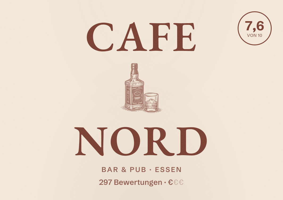 Illustriertes Poster von Cafe Nord, Bar & Pub in Essen: Bewertung 7,6 von 10 aus 297 Bewertungen, Preisniveau €