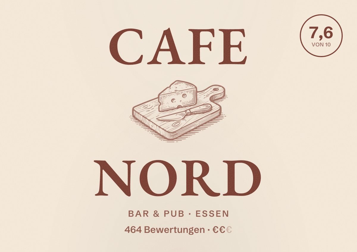 Illustriertes Poster von Cafe Nord, Bar & Pub in Essen: Bewertung 7,6 von 10 aus 464 Bewertungen, Preisniveau €€