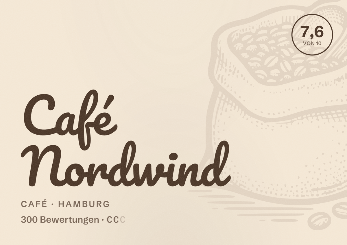 Illustriertes Poster von Café Nordwind, Café in Hamburg: Bewertung 7,6 von 10 aus 300 Bewertungen, Preisniveau €€