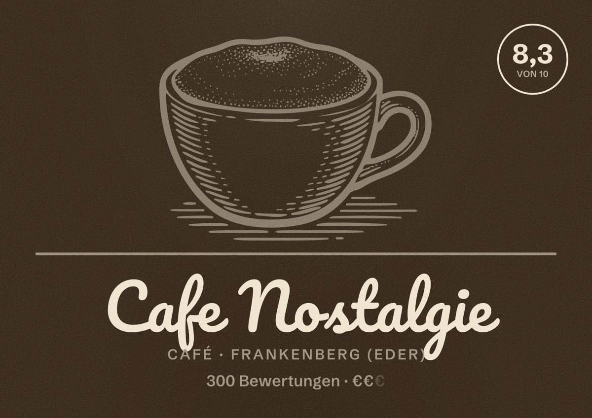 Illustriertes Poster von Cafe Nostalgie, Café in Frankenberg (Eder): Bewertung 8,3 von 10 aus 300 Bewertungen, Preisniveau €€