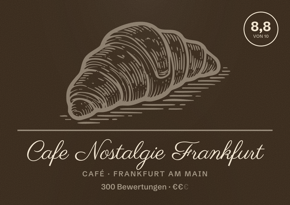 Illustriertes Poster von Cafe Nostalgie Frankfurt, Café in Frankfurt am Main: Bewertung 8,8 von 10 aus 300 Bewertungen, Preisniveau €€