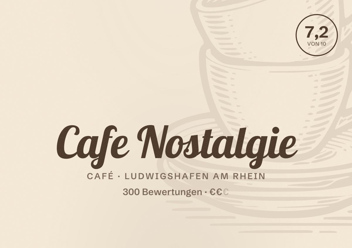 Illustriertes Poster von Cafe Nostalgie, Café in Ludwigshafen am Rhein: Bewertung 7,2 von 10 aus 300 Bewertungen, Preisniveau €€
