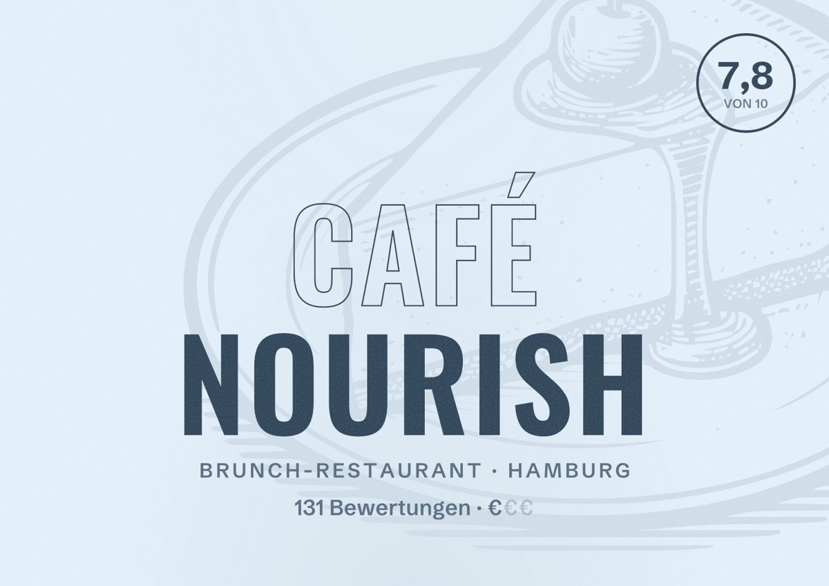 Illustriertes Poster von Café Nourish, Brunch-Restaurant in Hamburg: Bewertung 7,8 von 10 aus 131 Bewertungen, Preisniveau €