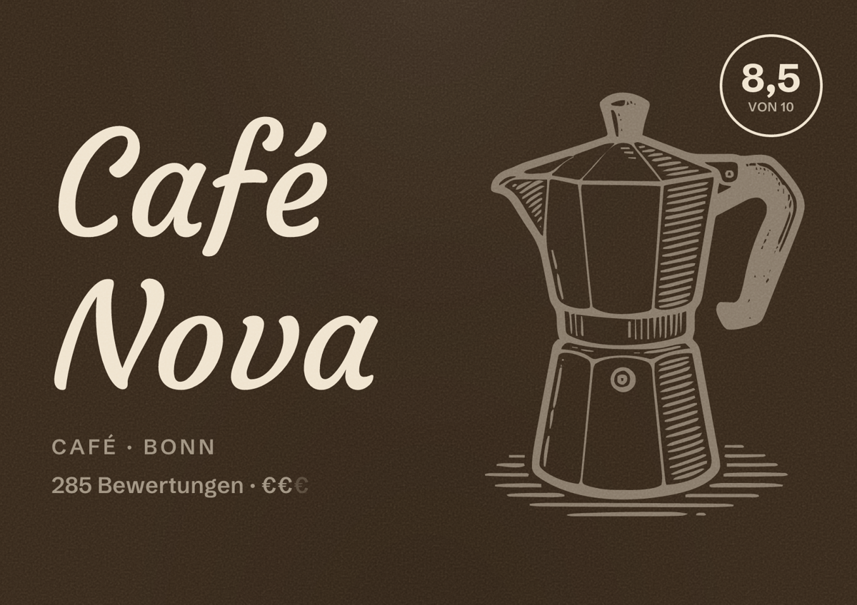 Illustriertes Poster von Café Nova, Café in Bonn: Bewertung 8,5 von 10 aus 285 Bewertungen, Preisniveau €€