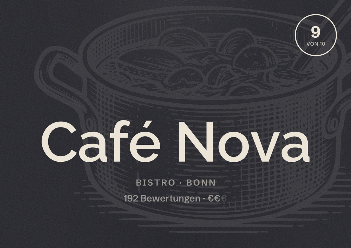 Illustriertes Poster von Café Nova, Bistro in Bonn: Bewertung 9 von 10 aus 192 Bewertungen, Preisniveau €€