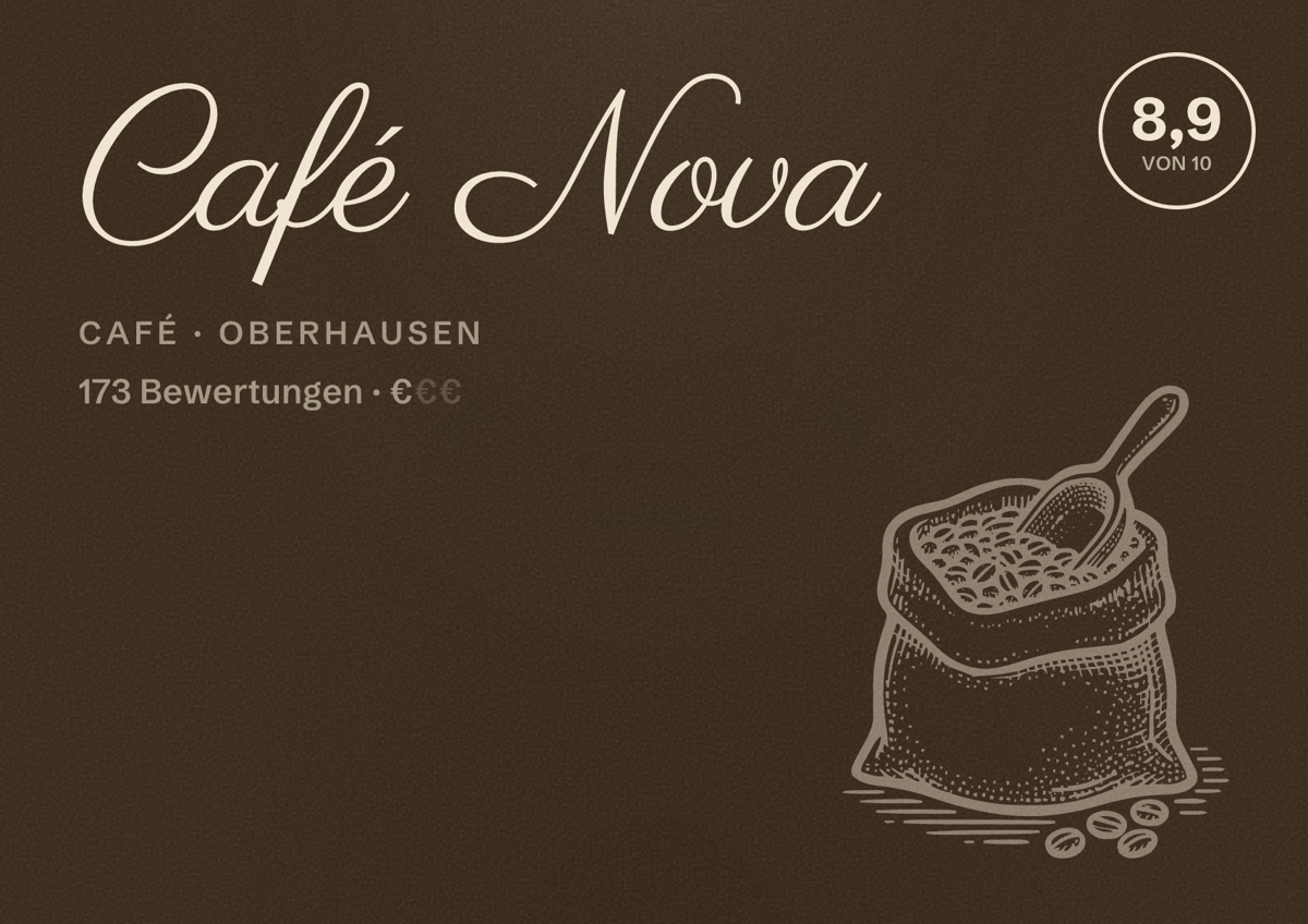 Illustriertes Poster von Café Nova, Café in Oberhausen: Bewertung 8,9 von 10 aus 173 Bewertungen, Preisniveau €