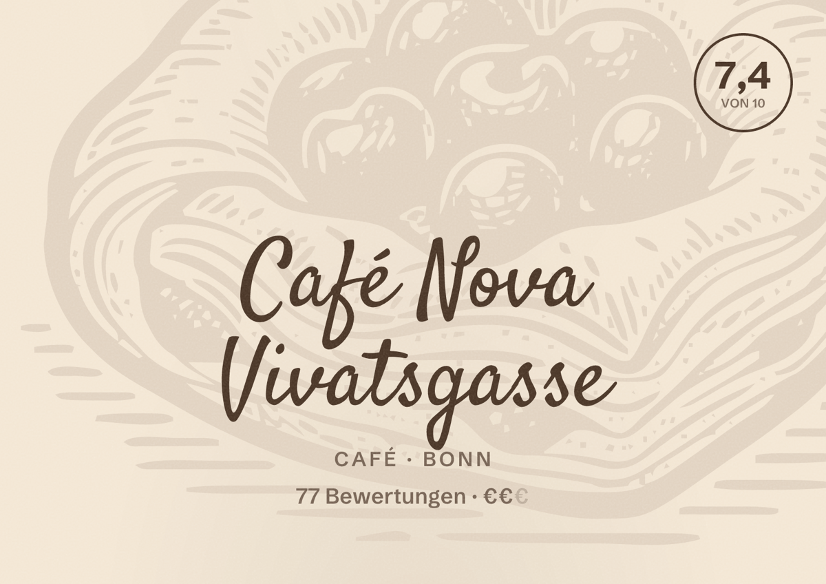 Illustriertes Poster von Café Nova Vivatsgasse, Café in Bonn: Bewertung 7,4 von 10 aus 77 Bewertungen, Preisniveau €€