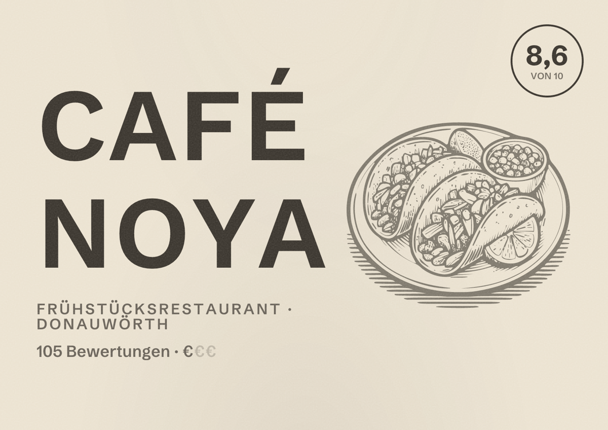 Illustriertes Poster von Café NoYa, Frühstücksrestaurant in Donauwörth: Bewertung 8,6 von 10 aus 105 Bewertungen, Preisniveau €