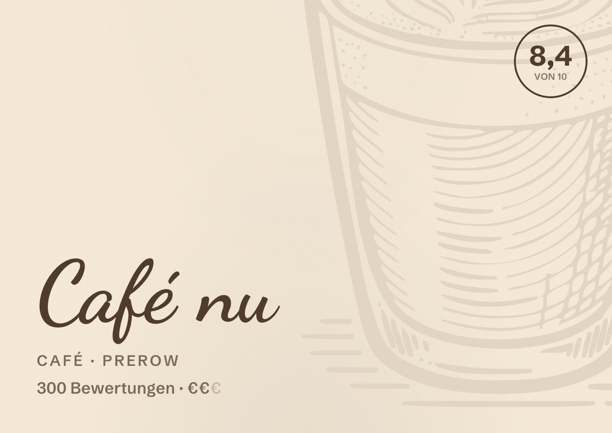 Illustriertes Poster von Café nu, Café in Prerow: Bewertung 8,4 von 10 aus 300 Bewertungen, Preisniveau €€