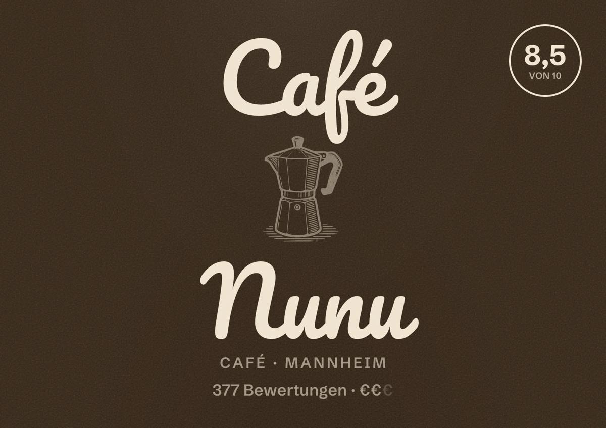 Illustriertes Poster von Café Nunu, Café in Mannheim: Bewertung 8,5 von 10 aus 377 Bewertungen, Preisniveau €€