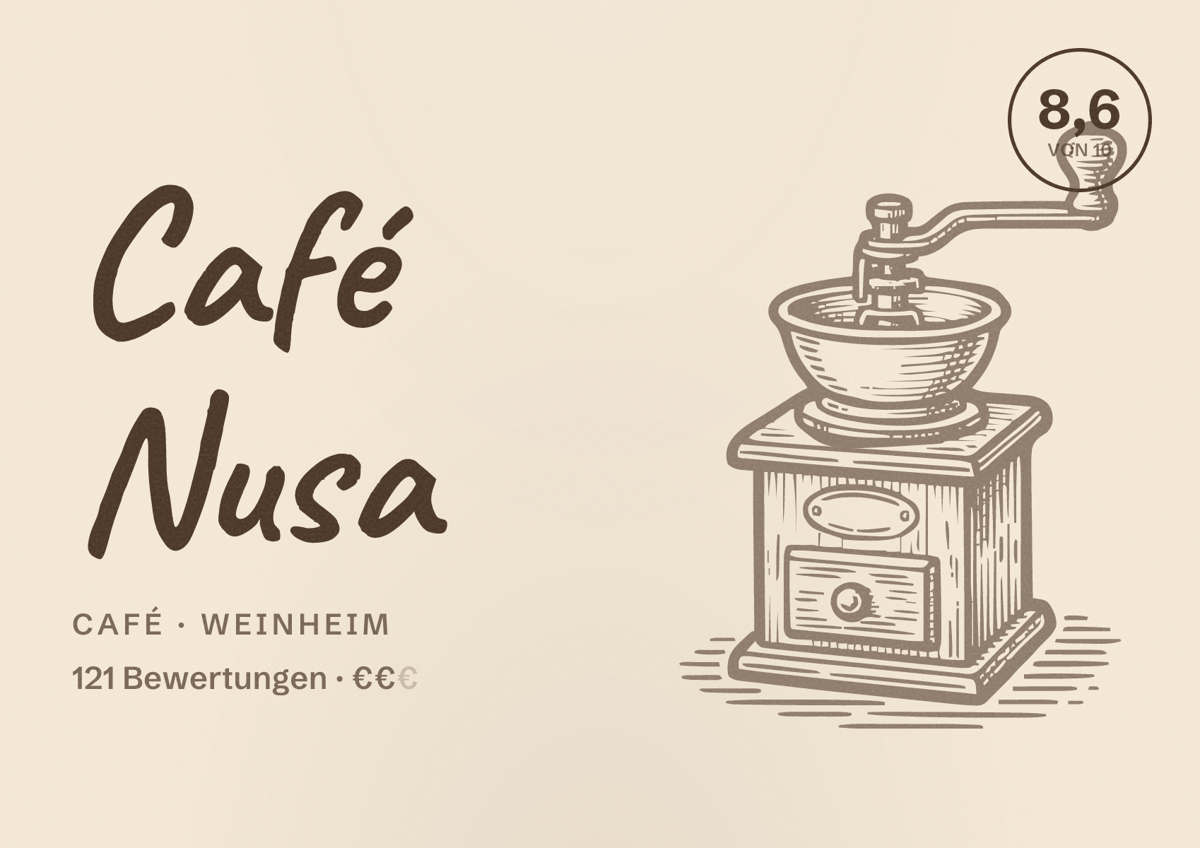 Illustriertes Poster von Café Nusa, Café in Weinheim: Bewertung 8,6 von 10 aus 121 Bewertungen, Preisniveau €€