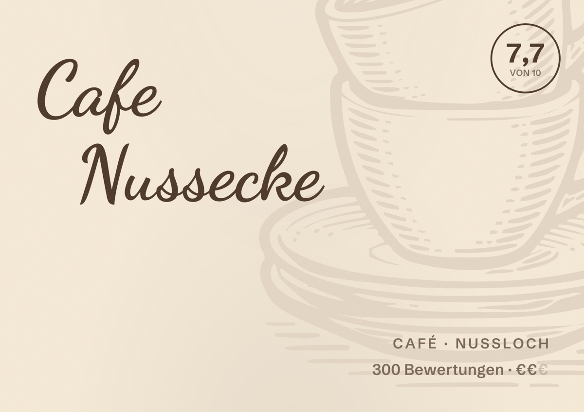 Illustriertes Poster von Cafe Nussecke, Café in Nußloch: Bewertung 7,7 von 10 aus 300 Bewertungen, Preisniveau €€