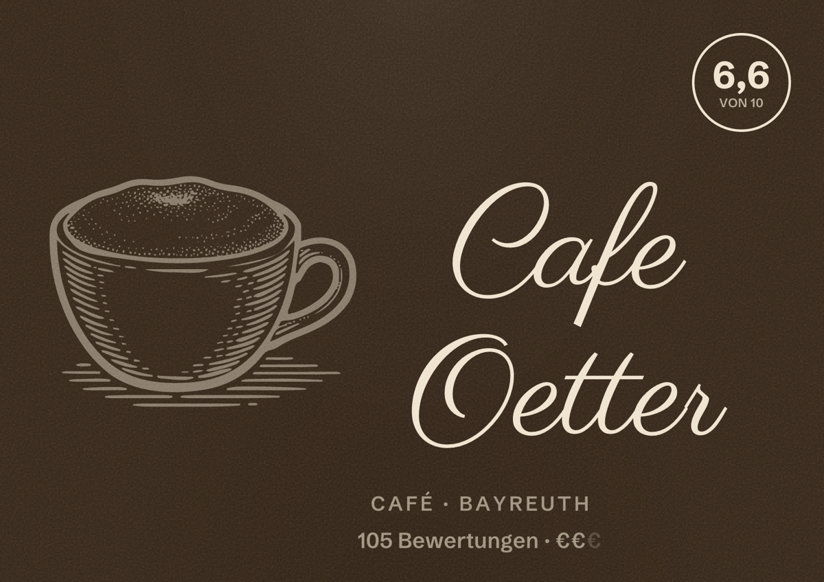 Illustriertes Poster von Cafe Oetter, Café in Bayreuth: Bewertung 6,6 von 10 aus 105 Bewertungen, Preisniveau €€