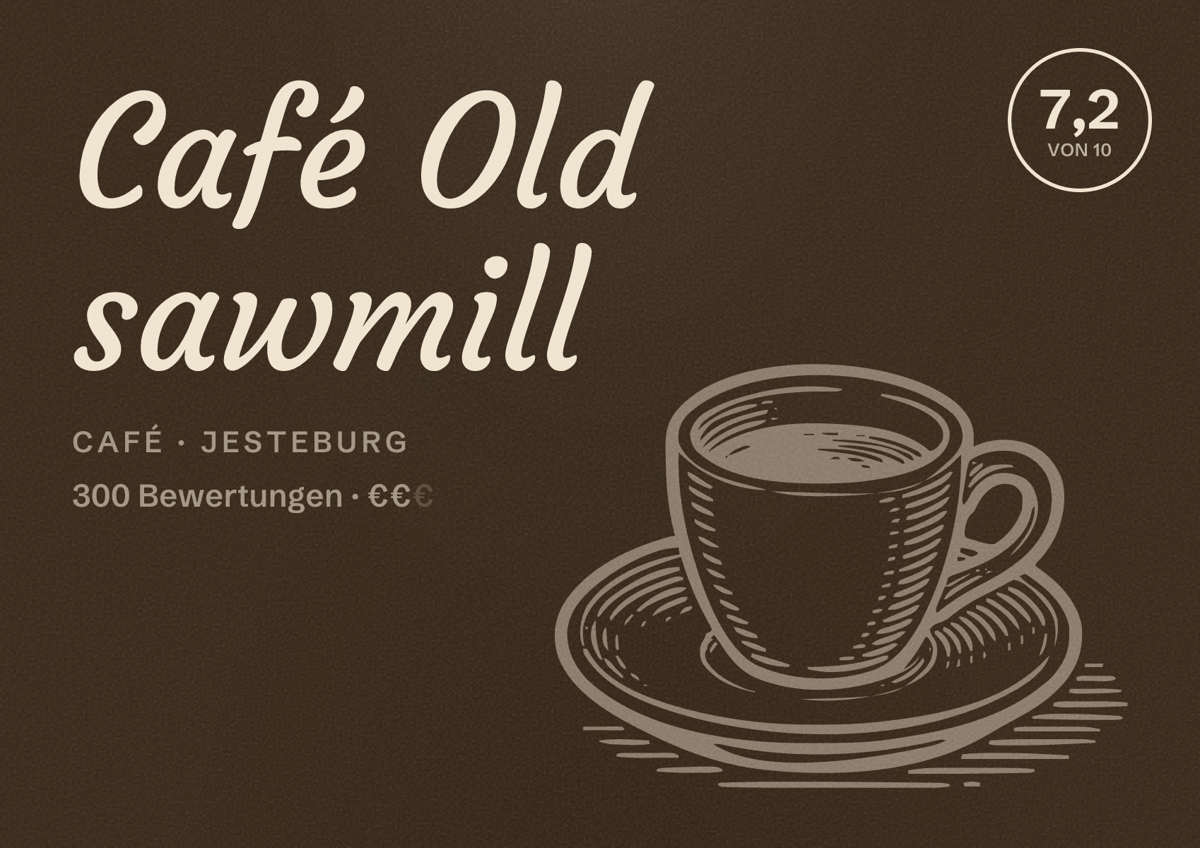 Illustriertes Poster von Café Old sawmill, Café in Jesteburg: Bewertung 7,2 von 10 aus 300 Bewertungen, Preisniveau €€