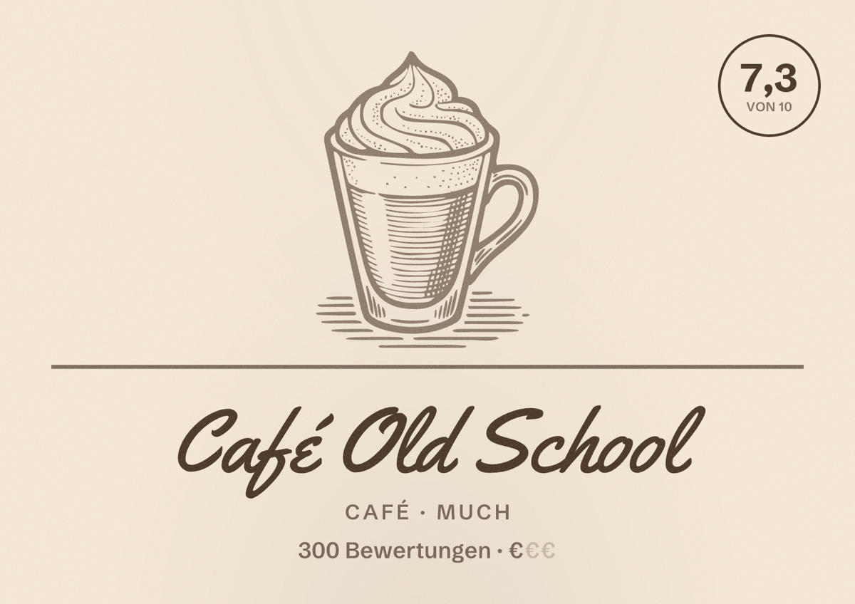 Illustriertes Poster von Café Old School, Café in Much: Bewertung 7,3 von 10 aus 300 Bewertungen, Preisniveau €