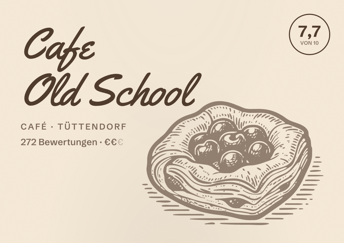 Illustriertes Poster von Cafe Old School, Café in Tüttendorf: Bewertung 7,7 von 10 aus 272 Bewertungen, Preisniveau €€