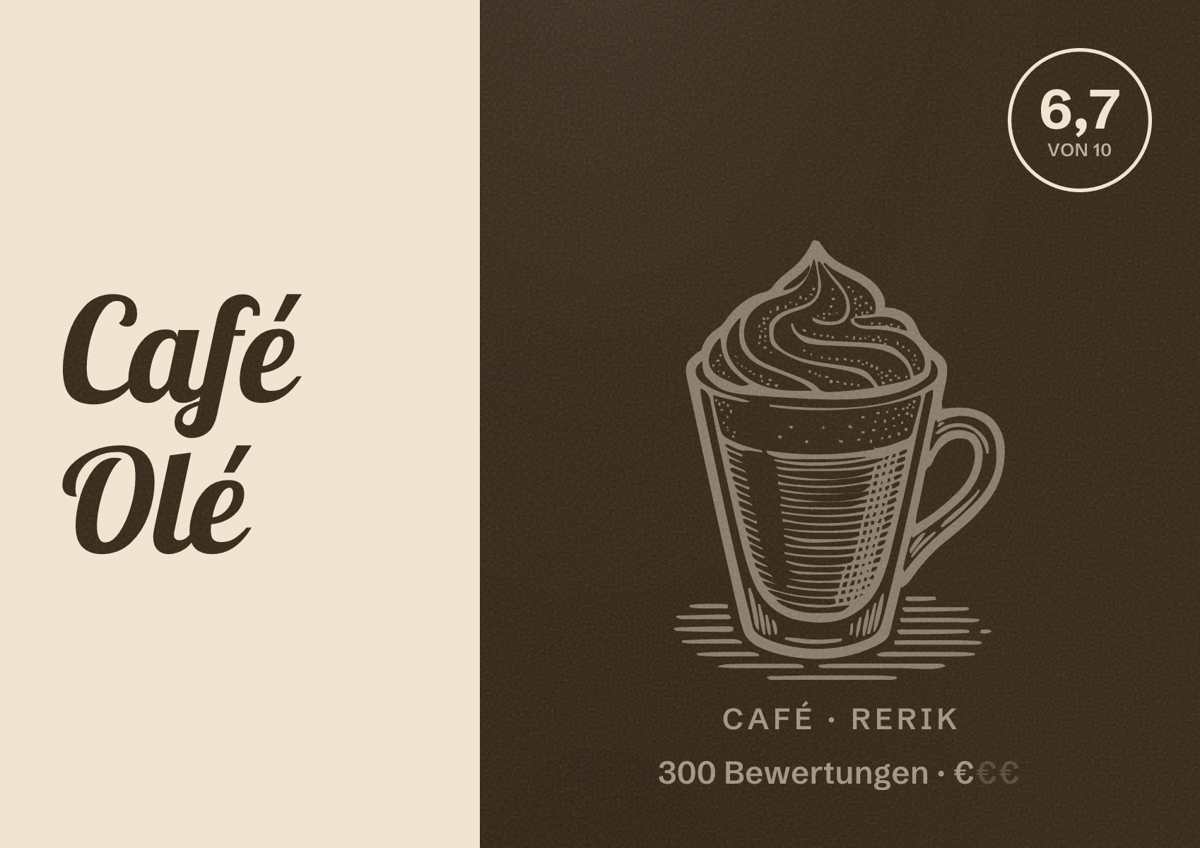 Illustriertes Poster von Café Olé, Café in Rerik: Bewertung 6,7 von 10 aus 300 Bewertungen, Preisniveau €