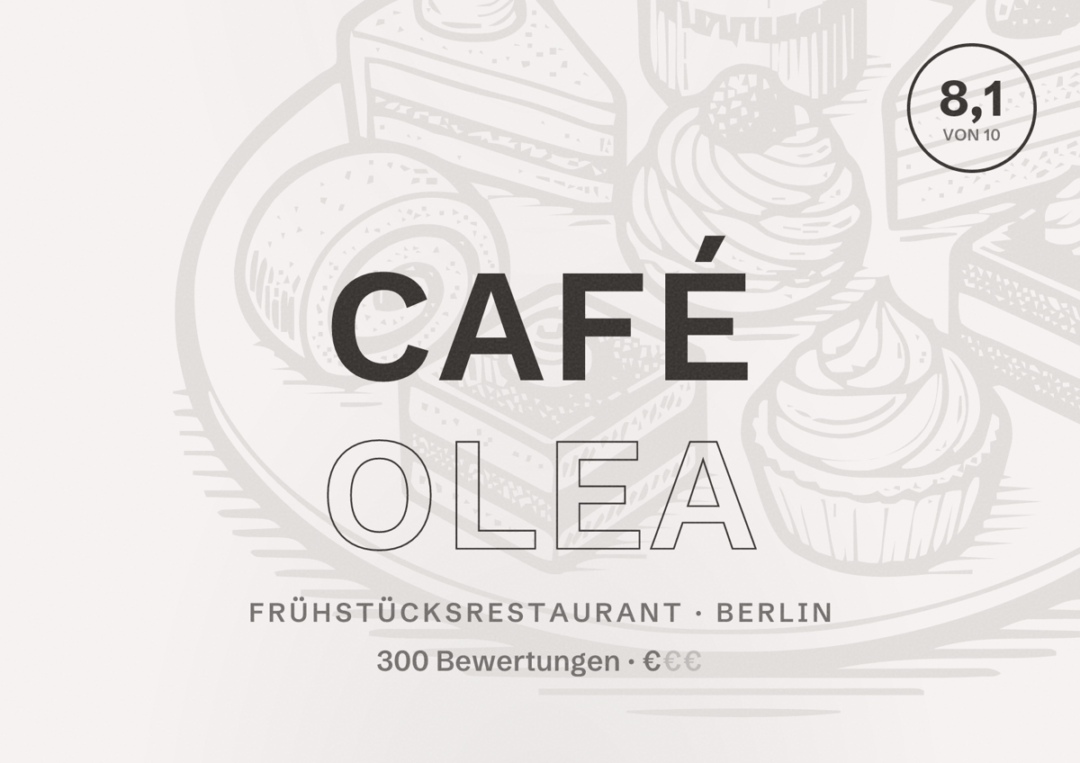Illustriertes Poster von Café Olea, Frühstücksrestaurant in Berlin: Bewertung 8,1 von 10 aus 300 Bewertungen, Preisniveau €