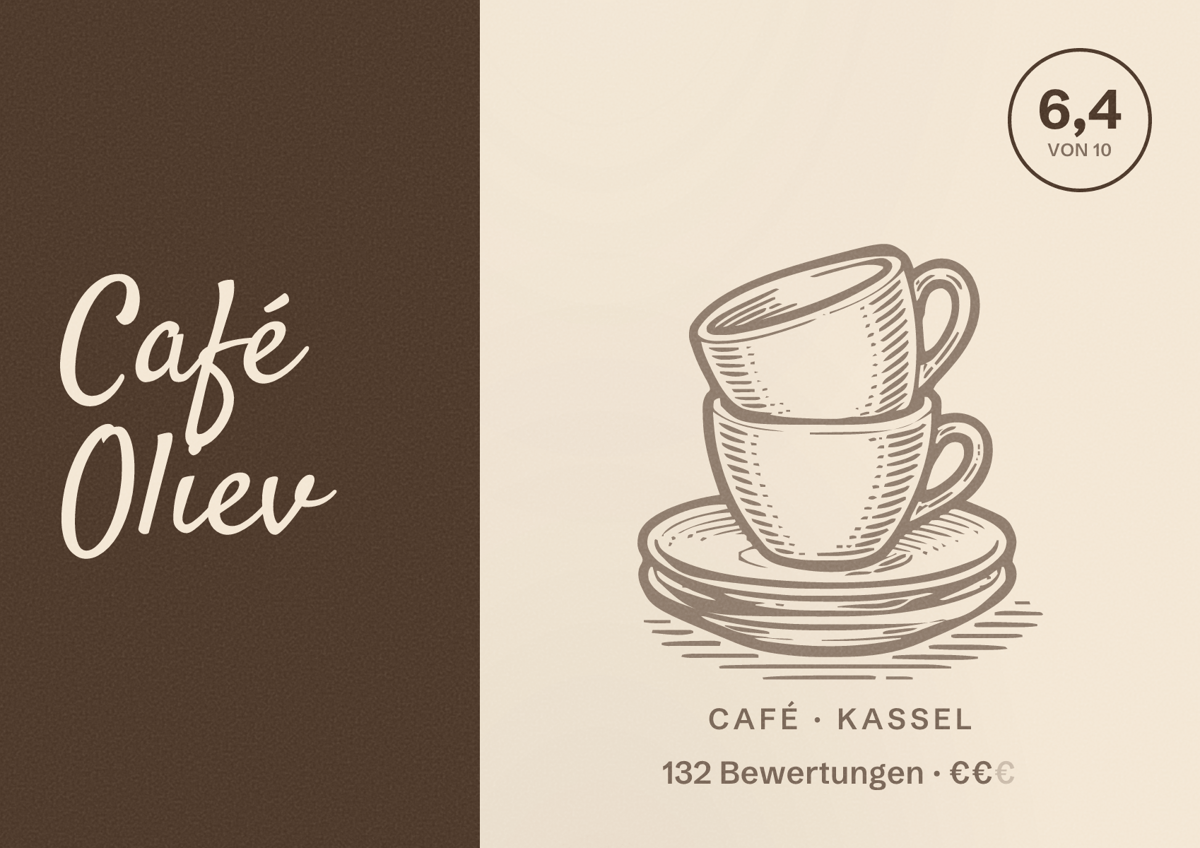 Illustriertes Poster von Café Oliev, Café in Kassel: Bewertung 6,4 von 10 aus 132 Bewertungen, Preisniveau €€