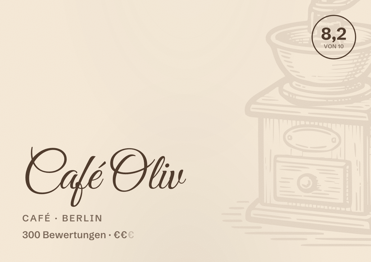 Illustriertes Poster von Café Oliv, Café in Berlin: Bewertung 8,2 von 10 aus 300 Bewertungen, Preisniveau €€