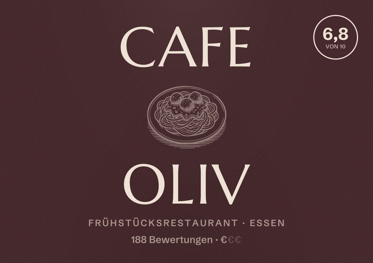 Illustriertes Poster von Cafe Oliv, Frühstücksrestaurant in Essen: Bewertung 6,8 von 10 aus 188 Bewertungen, Preisniveau €
