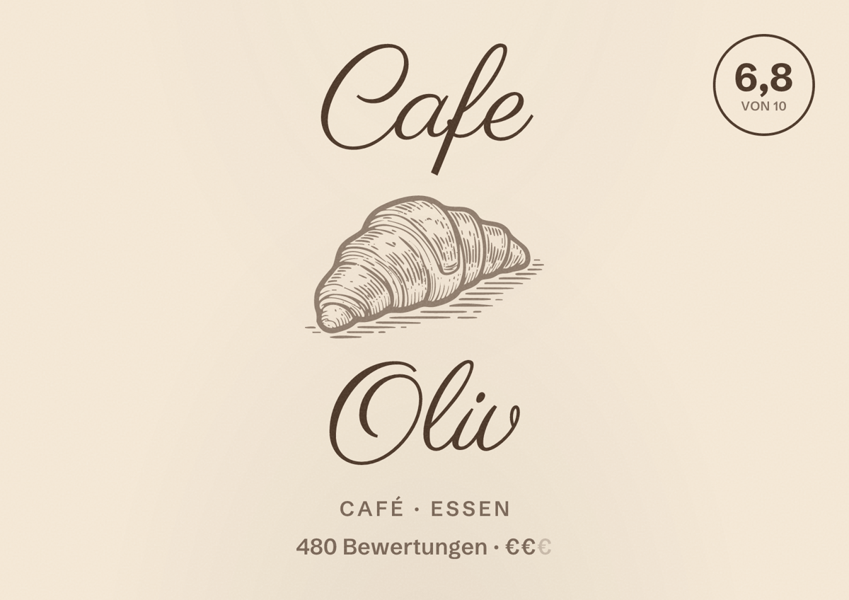 Illustriertes Poster von Cafe Oliv, Café in Essen: Bewertung 6,8 von 10 aus 480 Bewertungen, Preisniveau €€