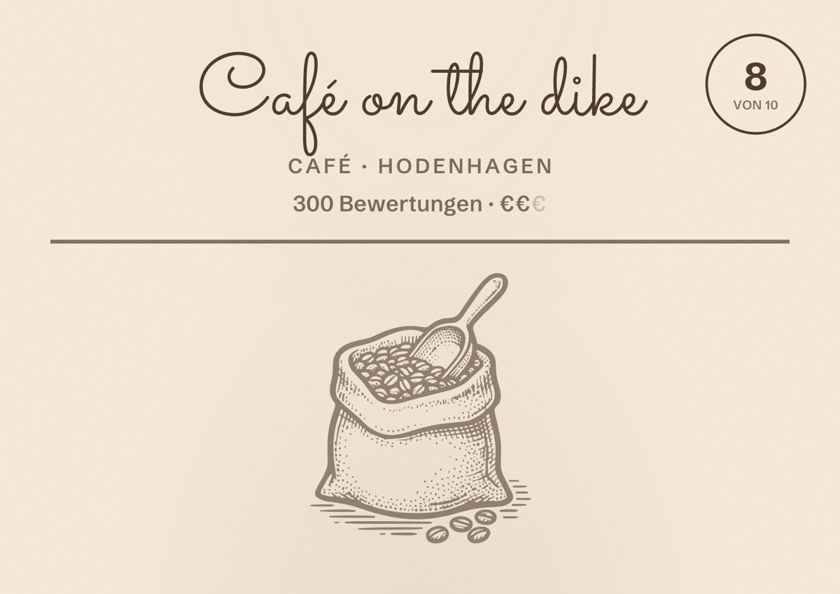 Illustriertes Poster von Café on the dike, Café in Hodenhagen: Bewertung 8 von 10 aus 300 Bewertungen, Preisniveau €€