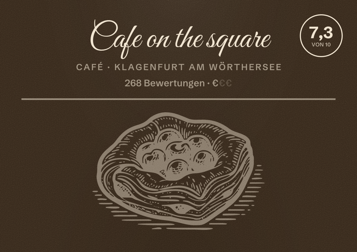 Illustriertes Poster von Cafe on the square, Café in Klagenfurt am Wörthersee: Bewertung 7,3 von 10 aus 268 Bewertungen, Preisniveau €