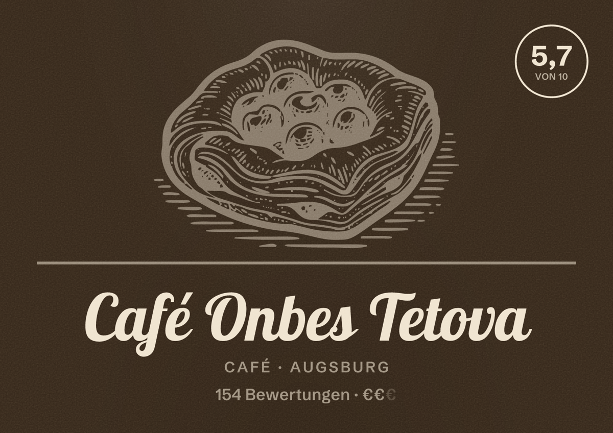 Illustriertes Poster von Café Onbes Tetova, Café in Augsburg: Bewertung 5,7 von 10 aus 154 Bewertungen, Preisniveau €€