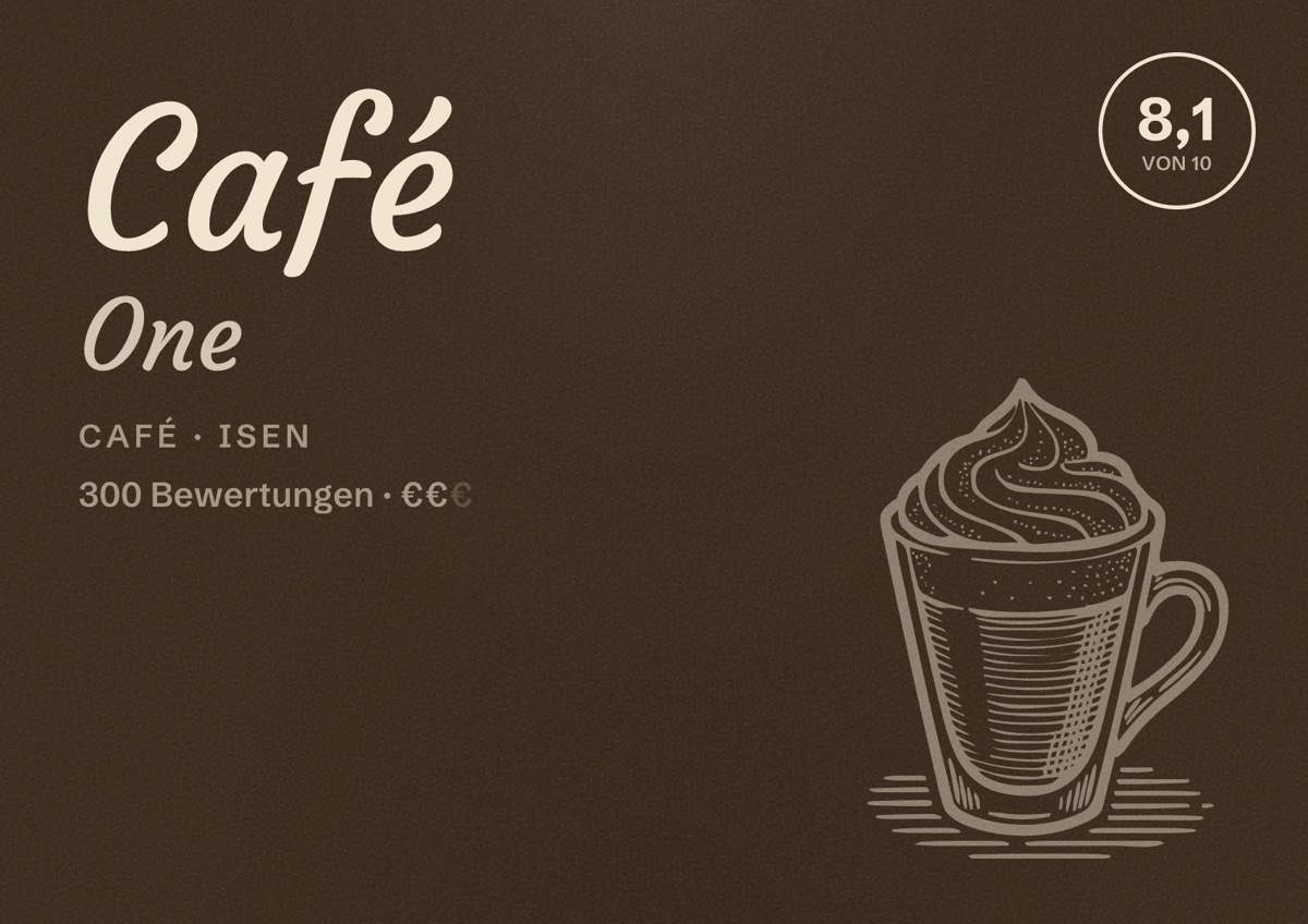 Illustriertes Poster von Café One, Café in Isen: Bewertung 8,1 von 10 aus 300 Bewertungen, Preisniveau €€