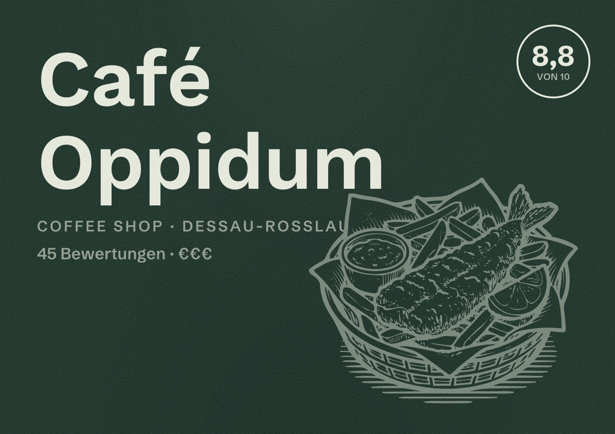 Illustriertes Poster von Café Oppidum, Coffee Shop in Dessau-Roßlau: Bewertung 8,8 von 10 aus 45 Bewertungen, Preisniveau €€€