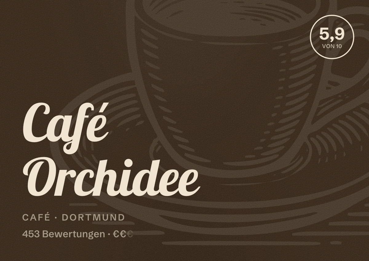 Illustriertes Poster von Café Orchidee, Café in Dortmund: Gästebewertung 5,9 von 10 aus 453 Bewertungen