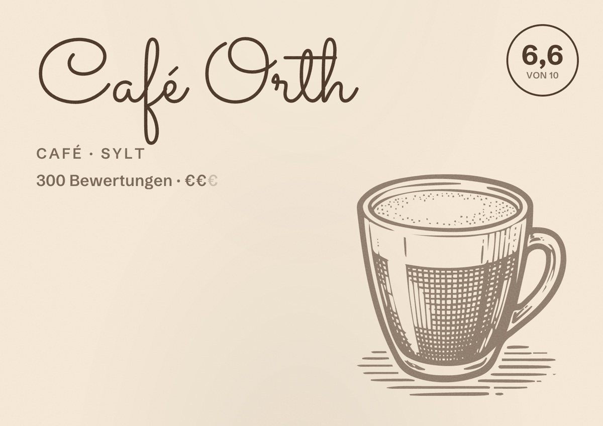 Illustriertes Poster von Café Orth, Café in Sylt: Bewertung 6,6 von 10 aus 300 Bewertungen, Preisniveau €€