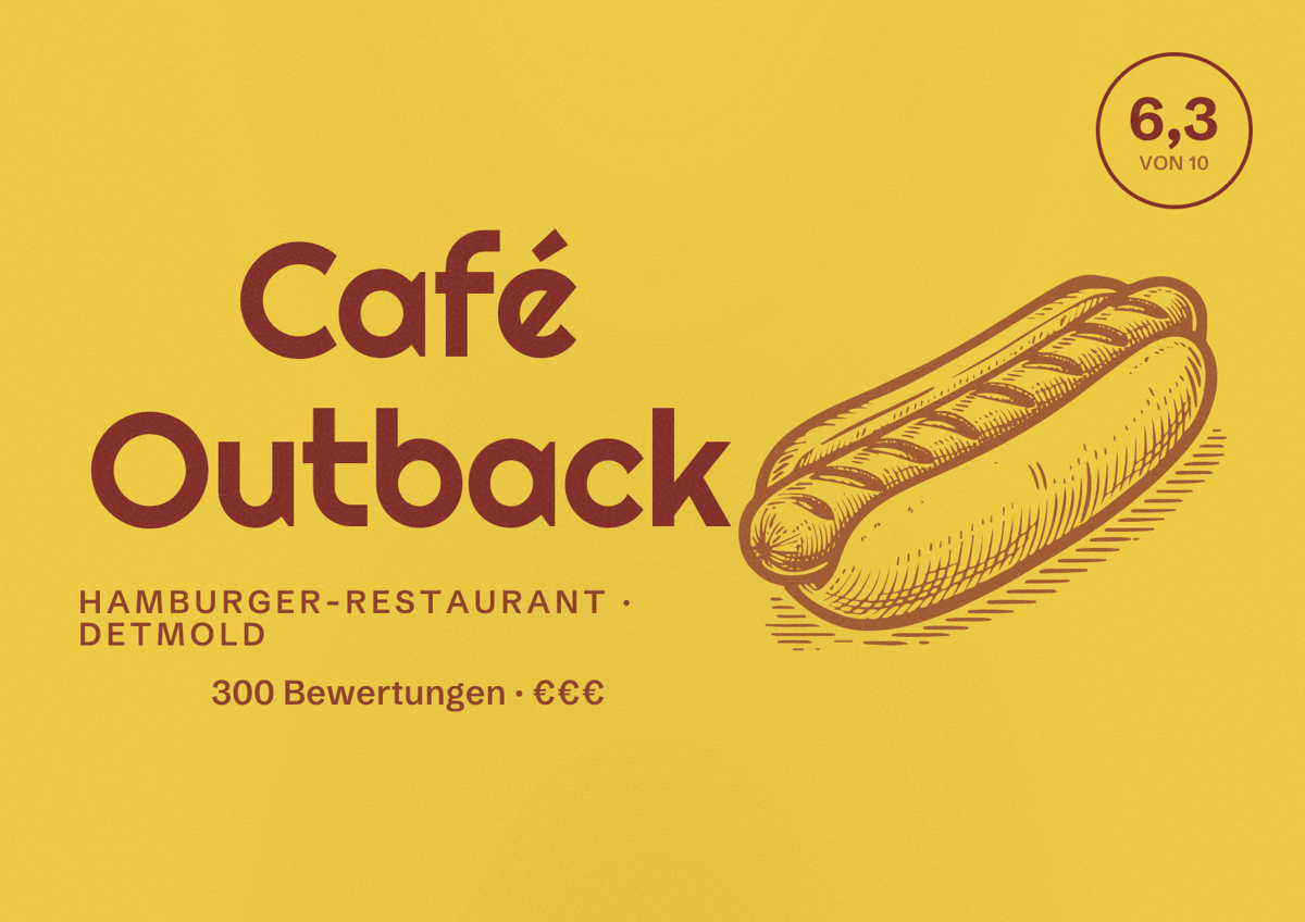 Illustriertes Poster von Café Outback, Hamburger-Restaurant in Detmold: Bewertung 6,3 von 10 aus 300 Bewertungen, Preisniveau €€€