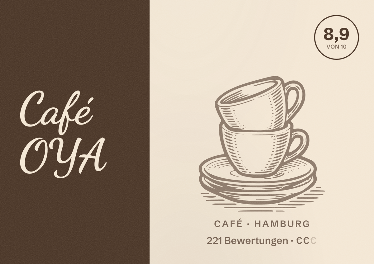Illustriertes Poster von Café OYA, Café in Hamburg: Bewertung 8,9 von 10 aus 221 Bewertungen, Preisniveau €€