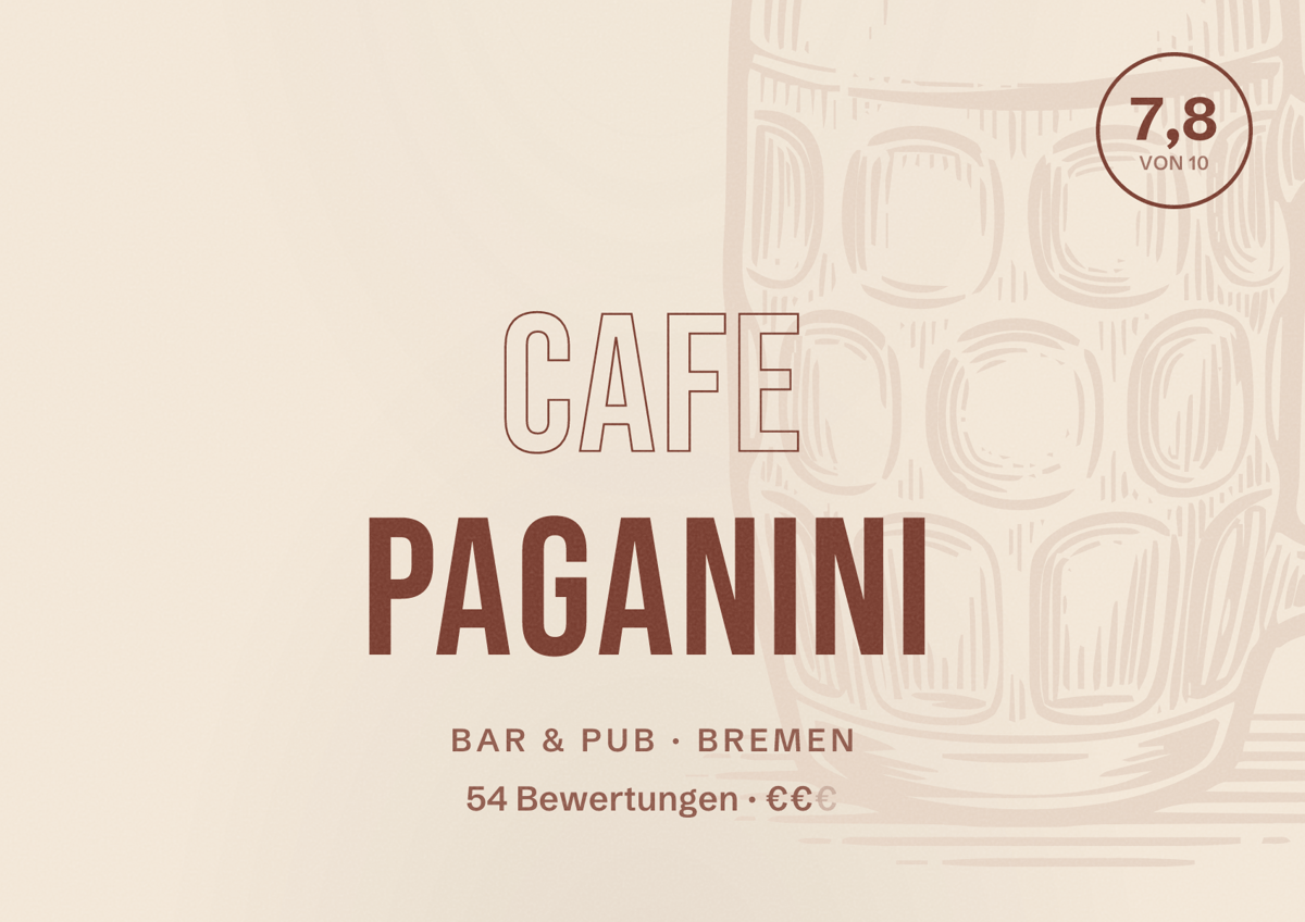 Illustriertes Poster von Cafe Paganini, Bar & Pub in Bremen: Bewertung 7,8 von 10 aus 54 Bewertungen, Preisniveau €€