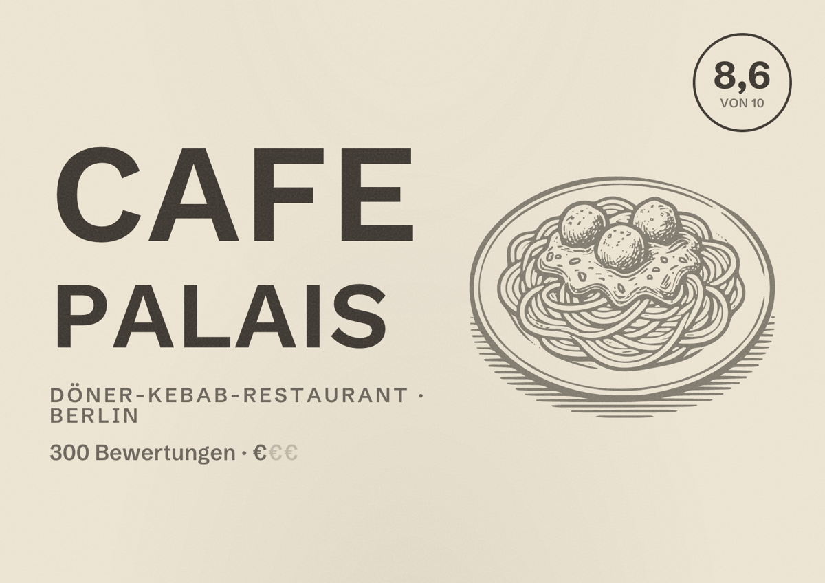 Illustriertes Poster von Cafe Palais, Döner-Kebab-Restaurant in Berlin: Bewertung 8,6 von 10 aus 300 Bewertungen, Preisniveau €