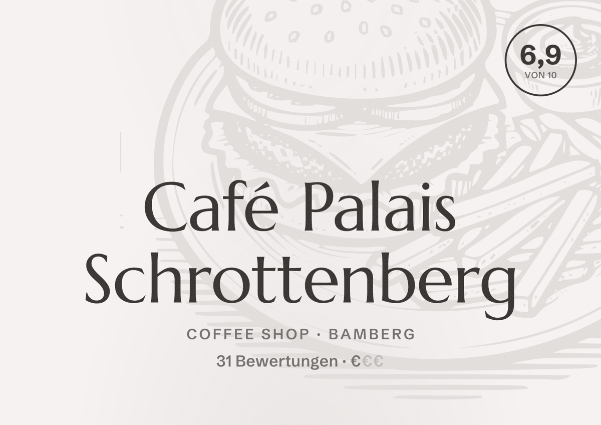 Illustriertes Poster von Café Palais Schrottenberg, Coffee Shop in Bamberg: Bewertung 6,9 von 10 aus 31 Bewertungen, Preisniveau €