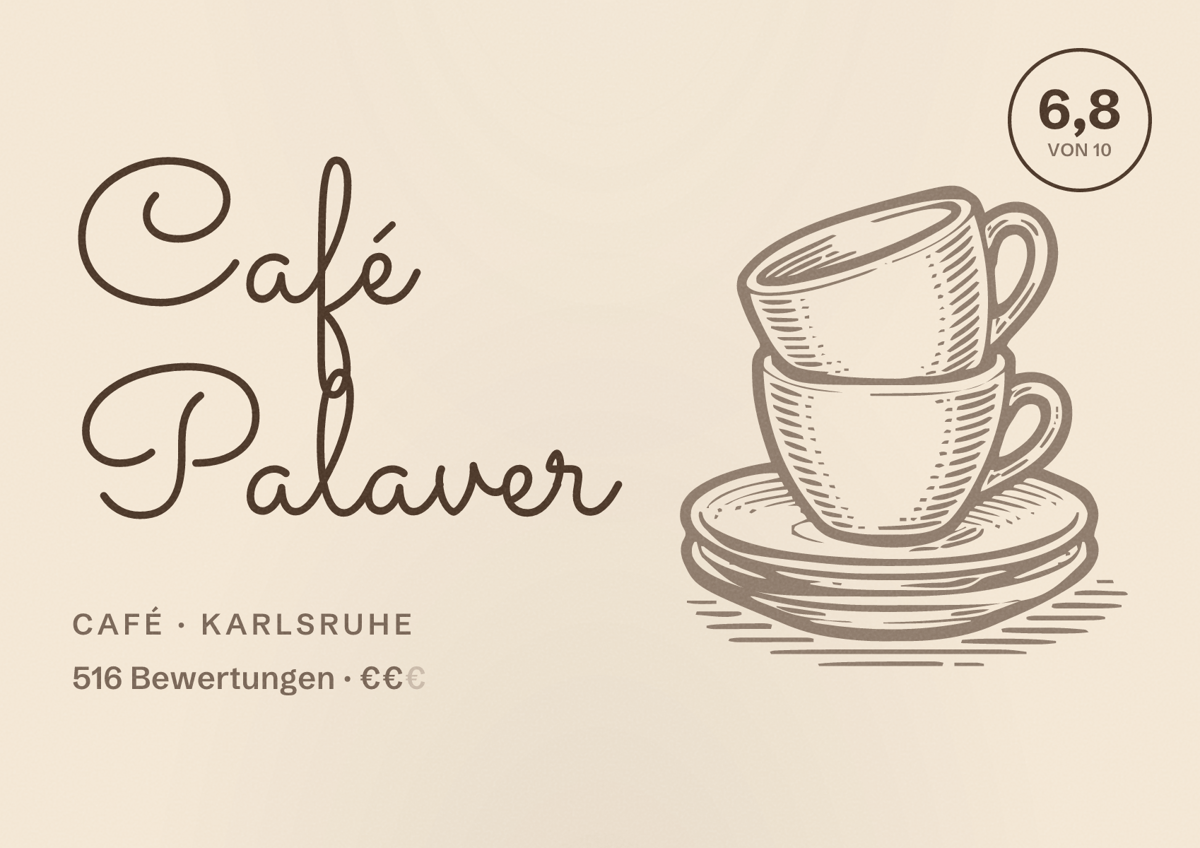 Illustriertes Poster von Café Palaver, Café in Karlsruhe: Bewertung 6,8 von 10 aus 516 Bewertungen, Preisniveau €€