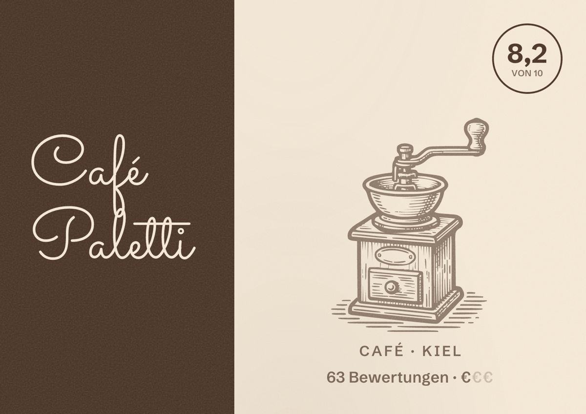 Illustriertes Poster von Café Paletti, Café in Kiel: Bewertung 8,2 von 10 aus 63 Bewertungen, Preisniveau €