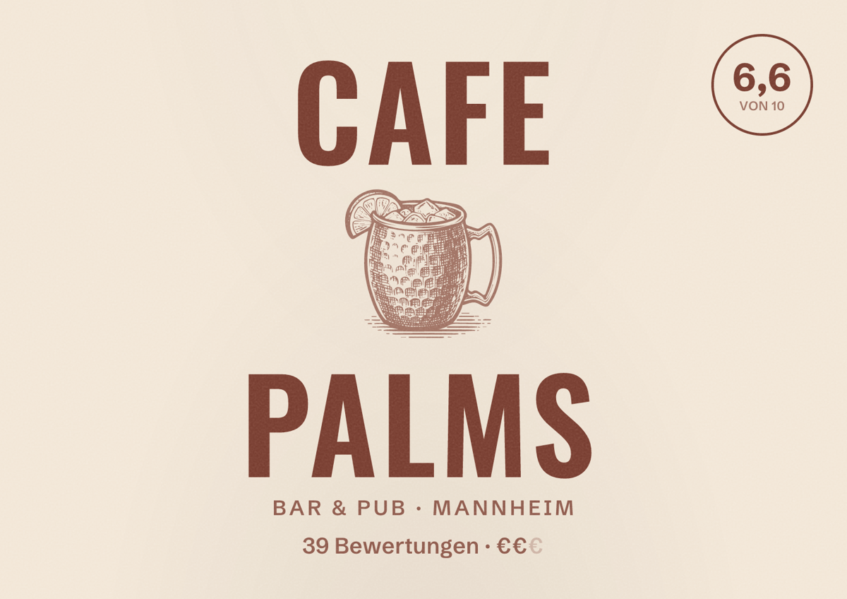 Illustriertes Poster von Cafe Palms, Bar & Pub in Mannheim: Bewertung 6,6 von 10 aus 39 Bewertungen, Preisniveau €€