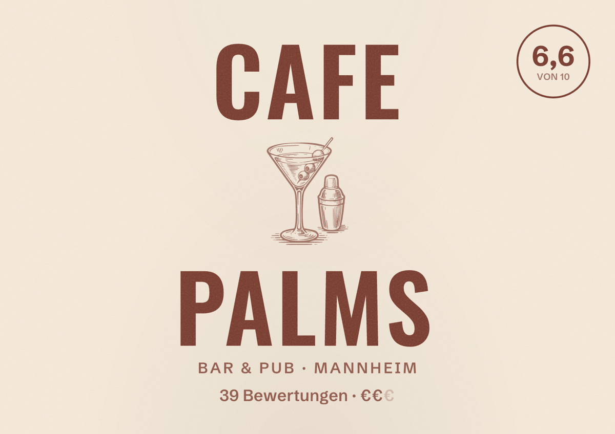 Illustriertes Poster von Cafe Palms, Bar & Pub in Mannheim: Bewertung 6,6 von 10 aus 39 Bewertungen, Preisniveau €€