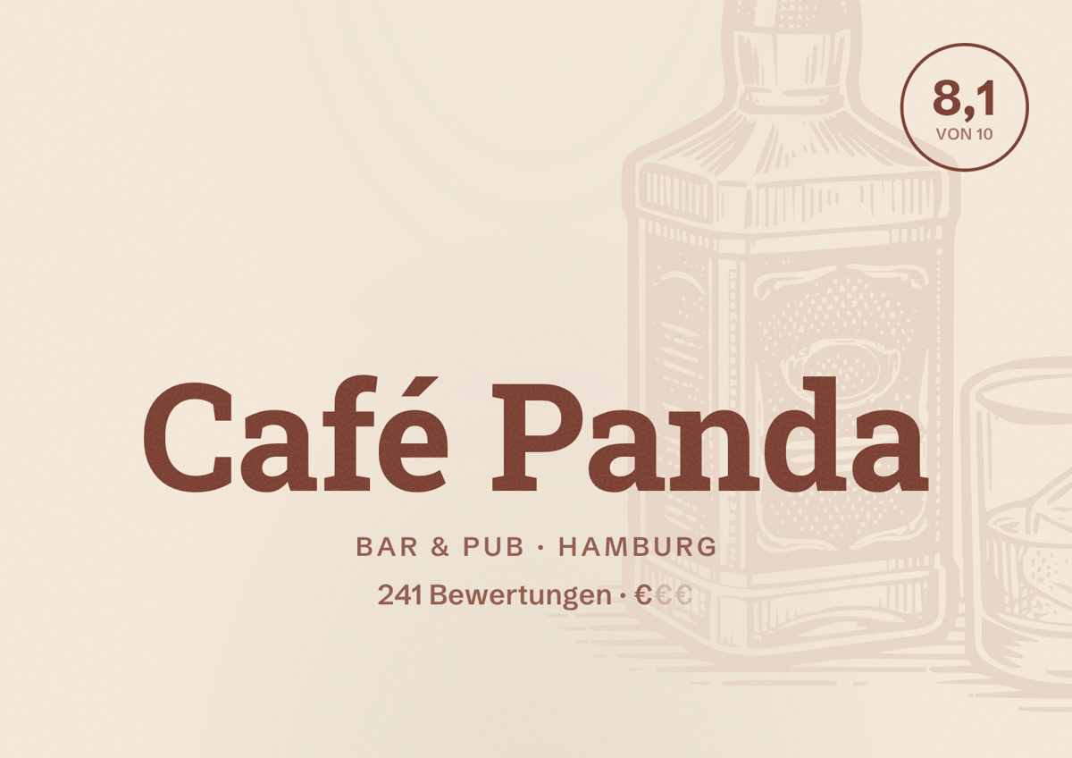 Illustriertes Poster von Café Panda, Bar & Pub in Hamburg: Bewertung 8,1 von 10 aus 241 Bewertungen, Preisniveau €