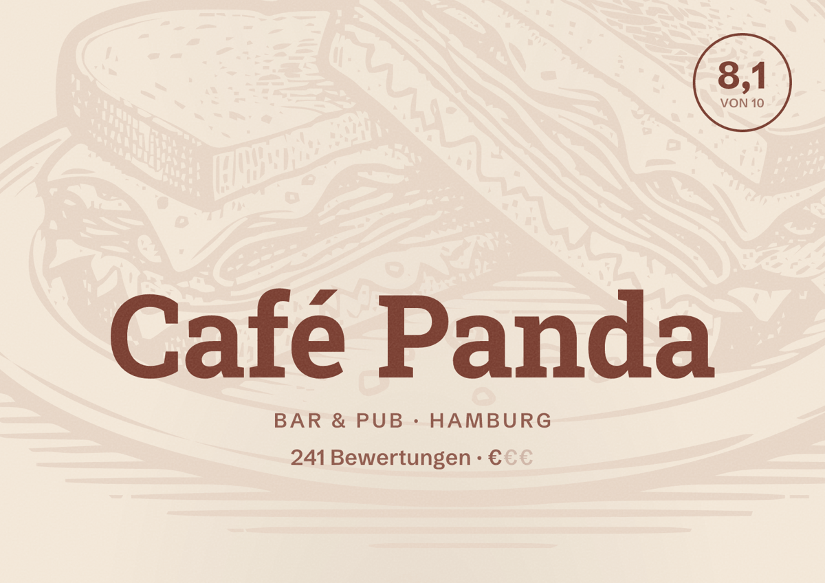Illustriertes Poster von Café Panda, Bar & Pub in Hamburg: Bewertung 8,1 von 10 aus 241 Bewertungen, Preisniveau €