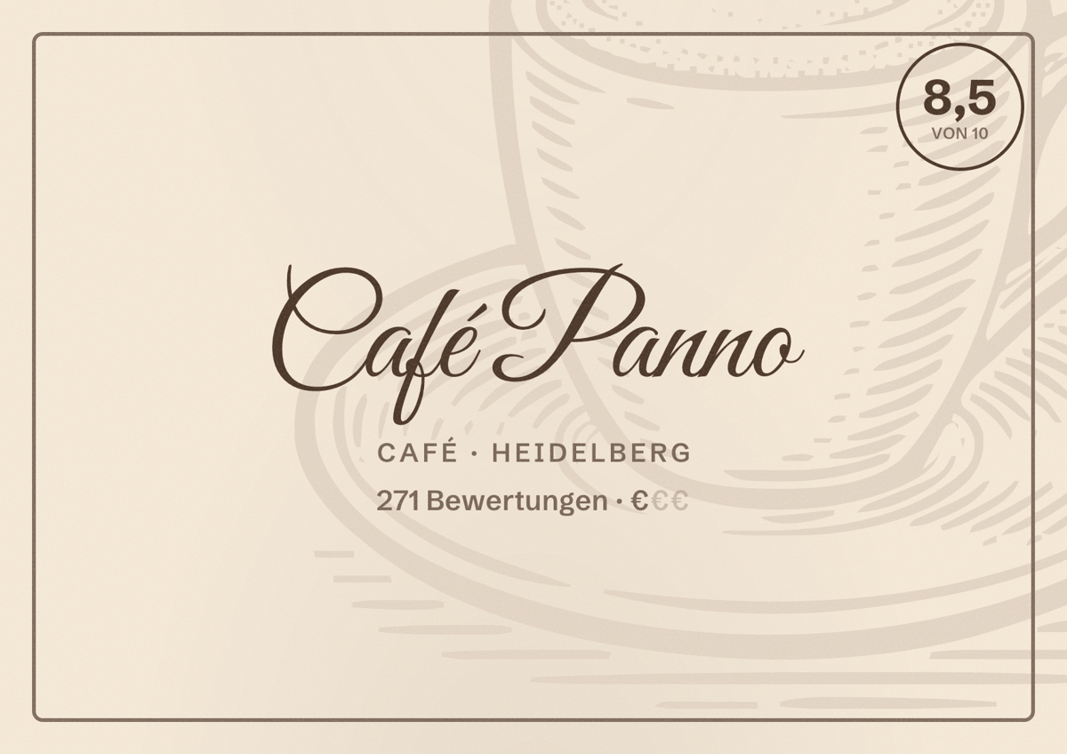 Illustriertes Poster von Café Panno, Café in Heidelberg: Bewertung 8,5 von 10 aus 271 Bewertungen, Preisniveau €