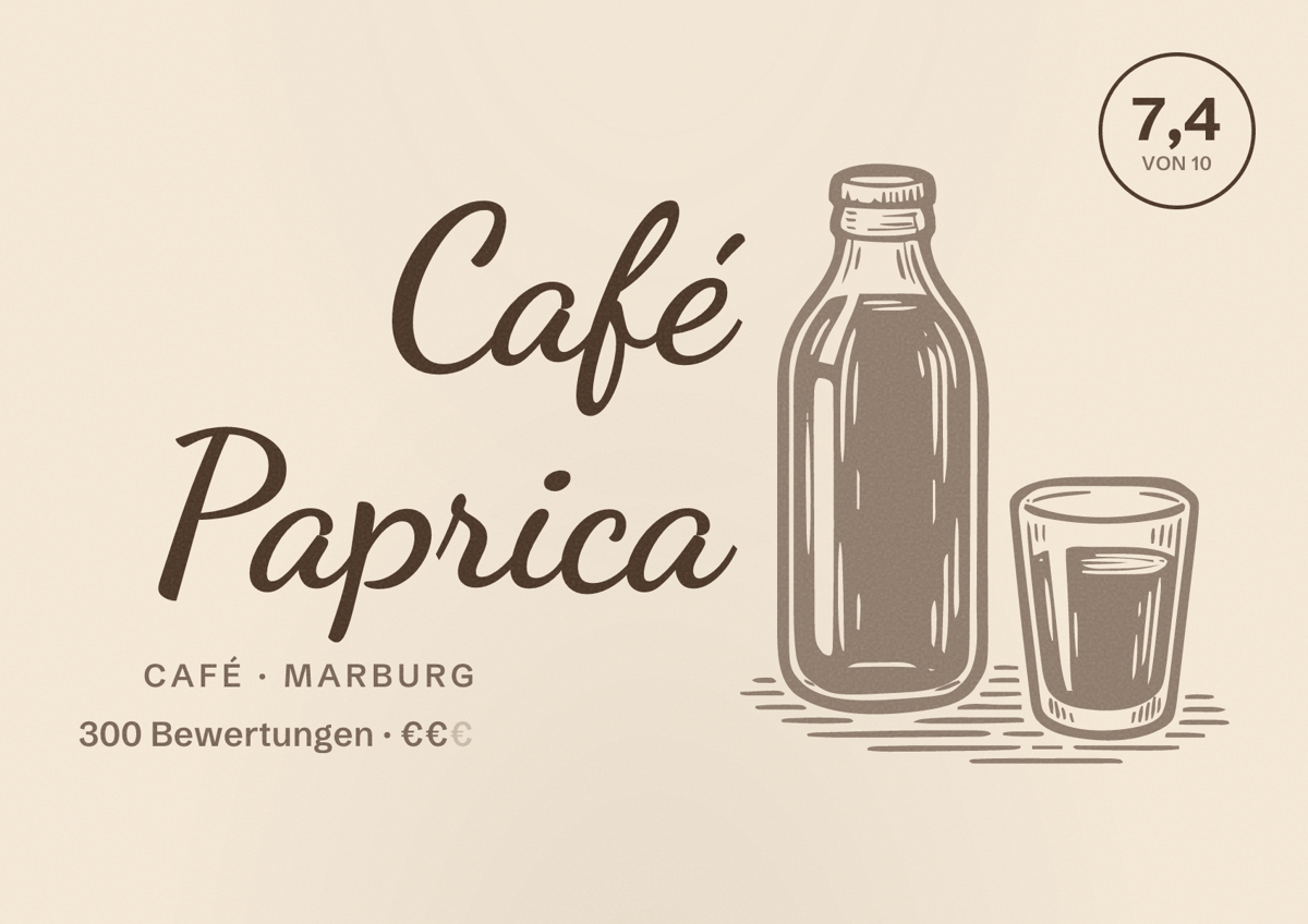 Illustriertes Poster von Café Paprica, Café in Marburg: Bewertung 7,4 von 10 aus 300 Bewertungen, Preisniveau €€
