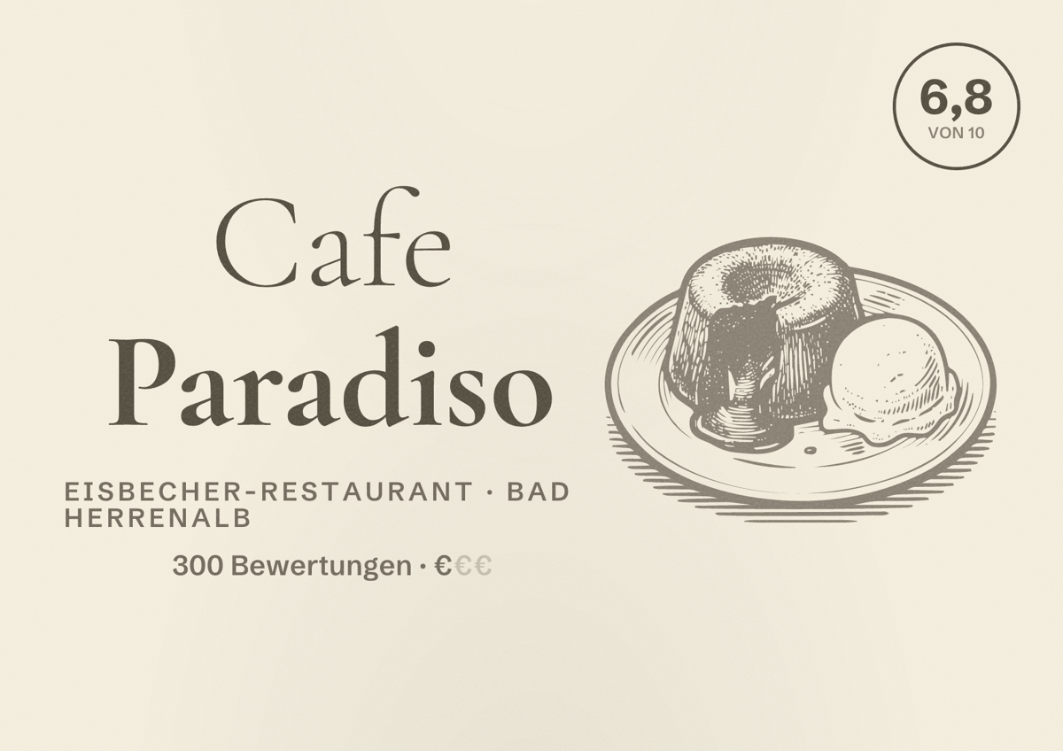 Illustriertes Poster von Cafe Paradiso, Eisbecher-Restaurant in Bad Herrenalb: Bewertung 6,8 von 10 aus 300 Bewertungen, Preisniveau €