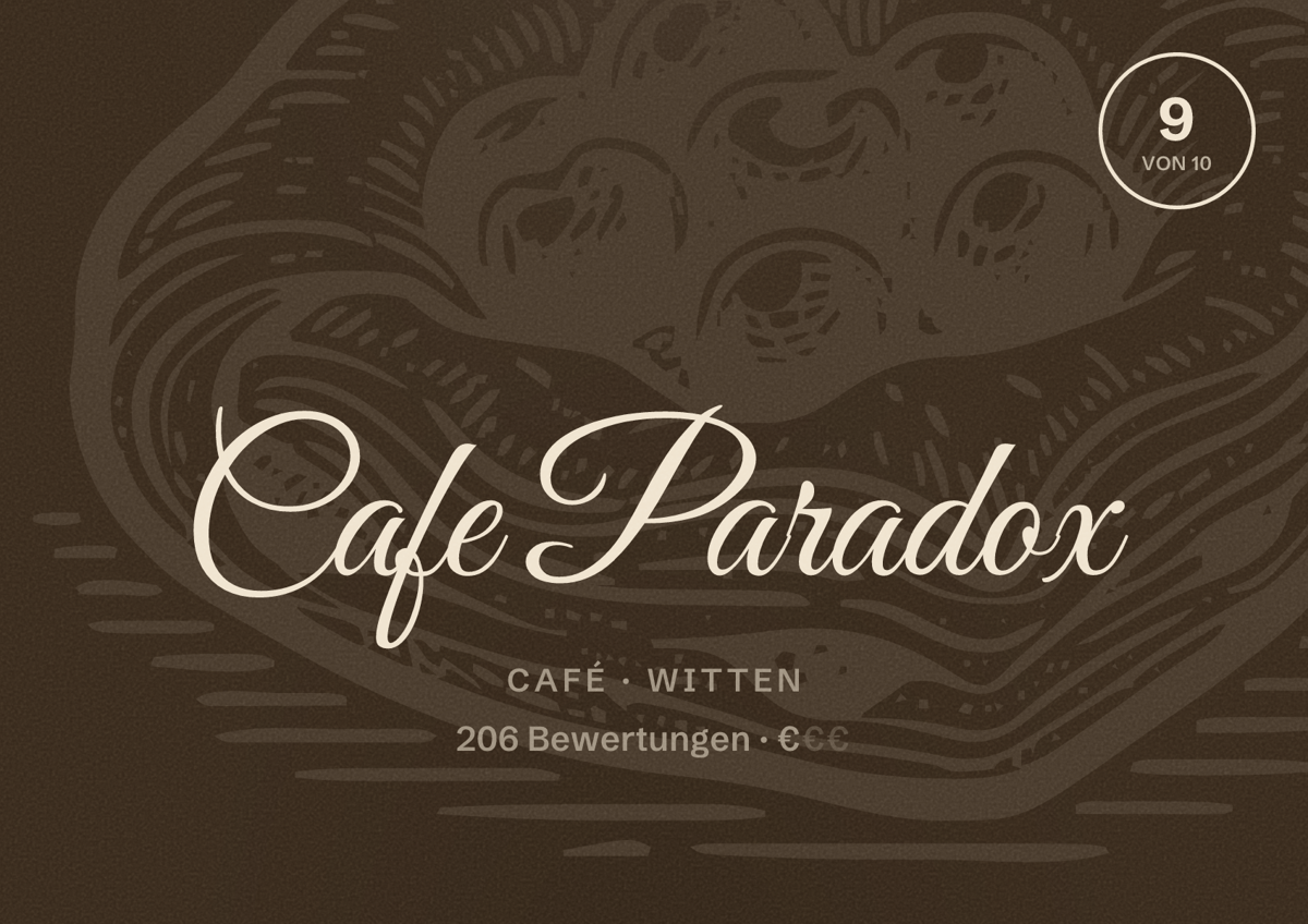 Illustriertes Poster von Cafe Paradox, Café in Witten: Bewertung 9 von 10 aus 206 Bewertungen, Preisniveau €